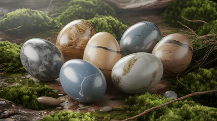 Happy easter sunday eggs in a mossy forest glade on a spring morning