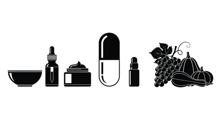 Assorted health and wellness items displayed in a striking black silhouette © CreativeAlim02