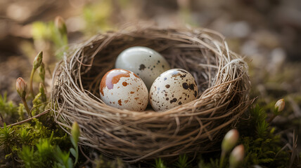 Happy easter sunday eggs in a bird's nest on a sunny day