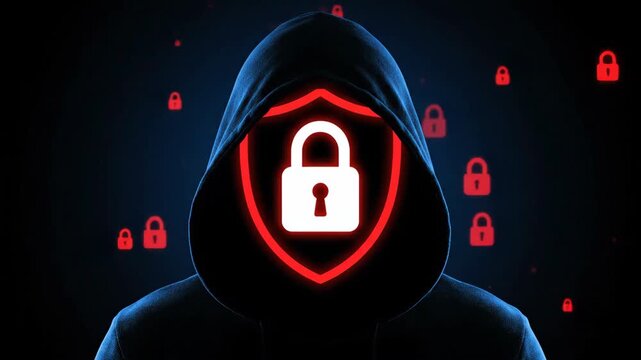 Anonymous figure in a hoodie with a glowing lock shield on face surrounded by red padlock icons.