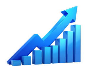 Blue Business Arrow and Growing Stock Market Graph Icon, Upward Trend on Economic Chart, Transparent Background  