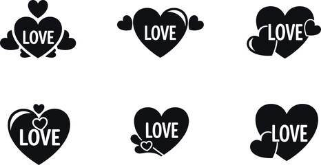 A set of six unique black and white love heart icons for valentine's day and romance themes.