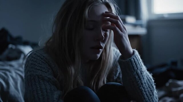 Depressed fair-haired woman with her head on her arms, wearing a thick-knit sweater, bathed in a cool, somber blue light