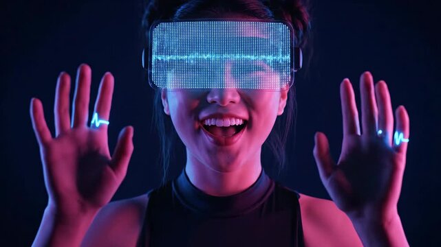 Asian woman with futuristic VR headset smiling in neon lighting.