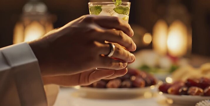 Close-up of a person's hands holding a refreshing mint drink in a glass, with dates and traditional lanterns in the warm, inviting background, suggesting a cultural gathering.