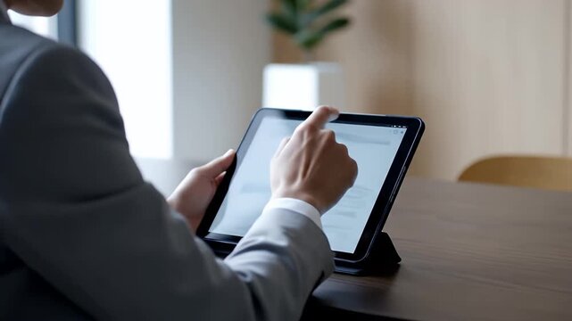 Professional hands interacting with a digital tablet, demonstrating efficient business operations and modern technological proficiency in a contemporary office environment