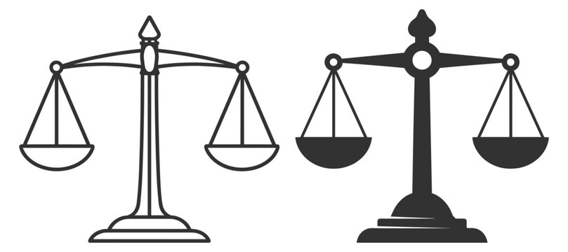 Justice scale icon vector collection, law balance and court symbol illustration on transparent background