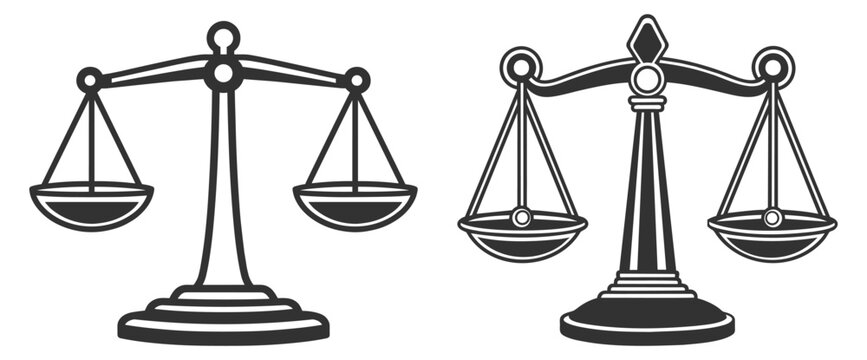 Justice scale icon vector collection, law balance and court symbol illustration on transparent background