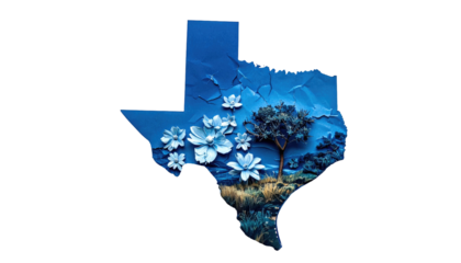 Artistic depiction of Texas, crafted from paper, featuring flowers, a tree, and landscape