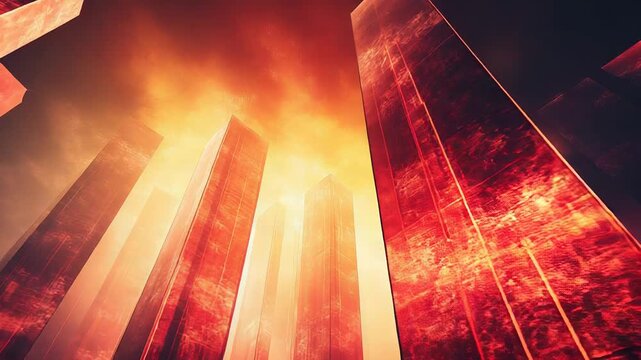 Abstract artwork portraying a city of glowing red monolithic structures extending towards a fiery, orange and yellow sky, symbolizing a dystopian future or an alien landscape