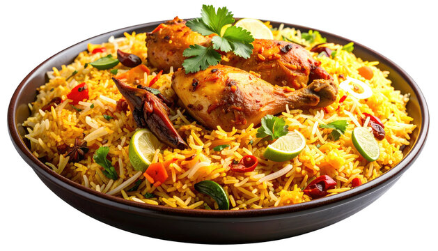 A close-up shot of a flavorful rice dish with chicken legs, garnished with lime and herbs. The food is in a brown bowl