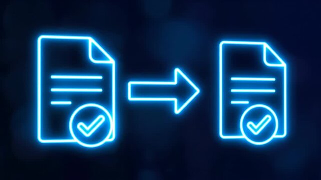 Blue neon icon of a document with a check mark and an arrow indicating transfer on a dark bokeh background.