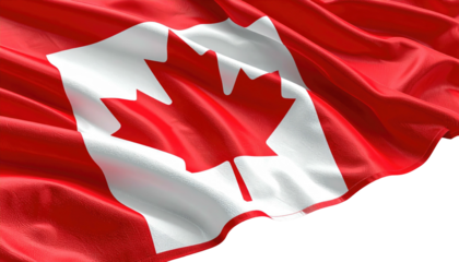 A close-up view of a vibrant national flag in motion. The image showcases the symbolic design of a maple leaf against a dynamic red and white backdrop
