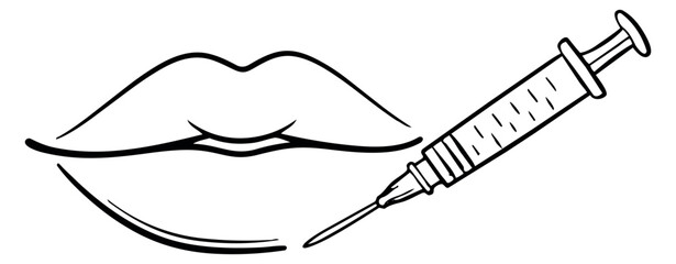 Hand drawn line art illustration of lips and a syringe depicting cosmetic filler for beauty treatments