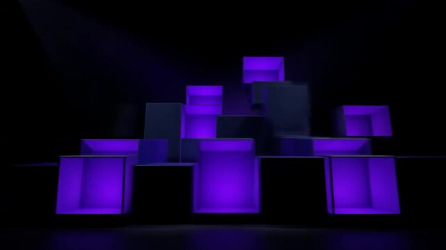 Abstract geometric boxes lit with purple light display background
