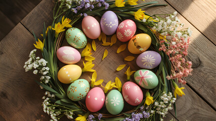 Happy easter sunday wishes with colorful easter eggs and spring florals decoration