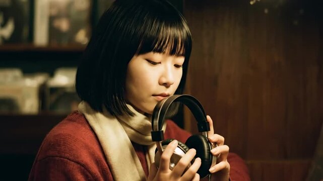 blunt cut bob with bangs - A young woman sits in a cozy space, thoughtfully examining her headphones, surrounded by vintage vinyl records. Warm lighting creates an intimate atmosphere