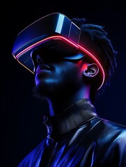 Futuristic African American Man in Neon VR Headset, Glowing Blue and Pink Light