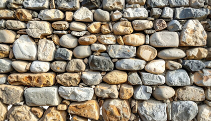 Fototapeta premium A close-up view presents a stacked stone wall with diverse shapes, sizes, and colors of rocks, capturing texture and construction