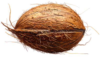 A close-up view presents a whole coconut, exhibiting a brown fibrous husk with attached strands. The spherical form is isolated