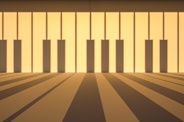 A creative perspective of piano keys casting shadows on a surface, illuminated by soft light, creating a serene and artistic atmosphere.