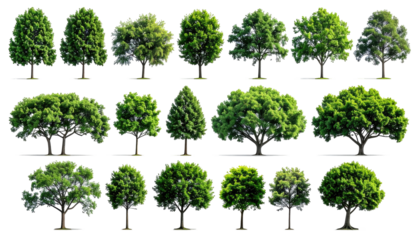 Assorted digitally rendered trees of varying shapes and sizes on a black background