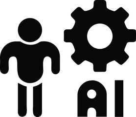 Solid Black Human and AI Productivity Gears Silhouette Workflow Icon