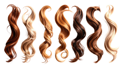 Assorted locks of hair in varying shades against a black background