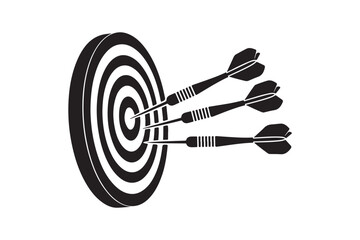 Simple black silhouette dart hitting target vector art on white background