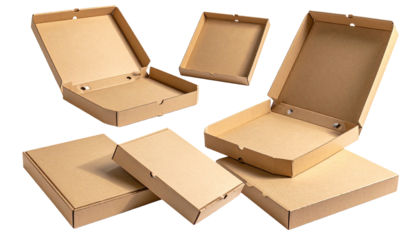 Assortment of brown corrugated cardboard containers, some open, ideal for packaging food