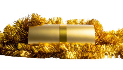 A gold cylinder gift is wrapped with a gold ribbon and sits within a sparkling gold garland on a black backdrop