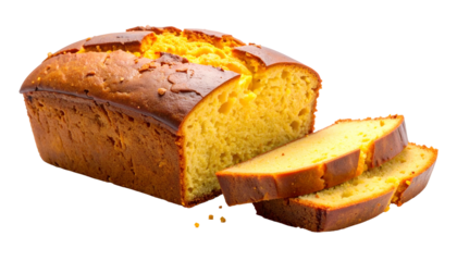 A golden, sliced loaf of bread against a black background. The freshly baked bread has a textured crust and soft interior
