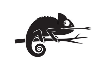 Chameleon silhouette on branch vector art isolated on white background