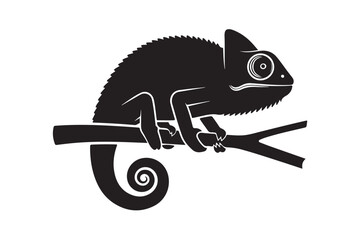 Chameleon silhouette on branch vector art isolated on white background