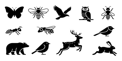 Fototapeta premium Collection of diverse black and white animal icons featuring insects birds and mammals