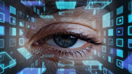 A captivating closeup of a human eye with a vibrant blue iris surrounded by an immersive digital interface of glowing blue and cyan data squares symbolizing advanced technology artificial intelligenc. - Powered by Adobe
