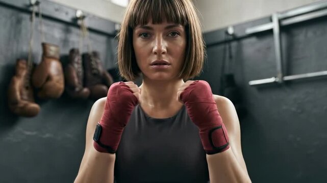 blunt cut bob with bangs - A focused female boxer stands in a training gym, poised for action with her fists raised, wearing red hand wraps and a determined expression