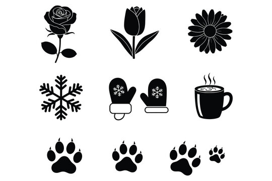 set of black silhouettes of trees, flower winter paw icon