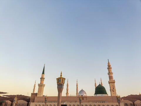 Nabawi Mosque with green dome in Medina in the morning