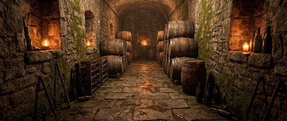 Stone cellar storing wine barrels and bottles with ambient light