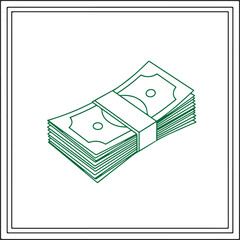 A green line art vector featuring a thick stack of paper currency bills secured with a central band, presented in an isometric perspective within a simple square frame.