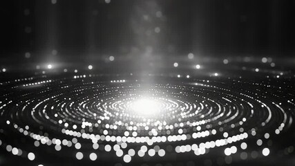 Glowing particles form swirling concentric rings with light beams and bokeh on a dark digital backdrop, evoking data flow, connectivity, and futuristic network motion - Powered by Adobe