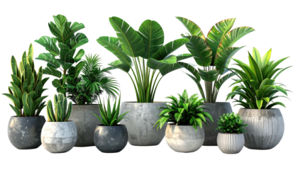 Assortment of diverse green plants potted in concrete containers, arranged in a row