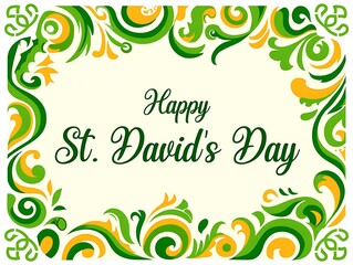 Happy St. David’s day greeting card with daffodils, floral border and welsh national day spring flowers