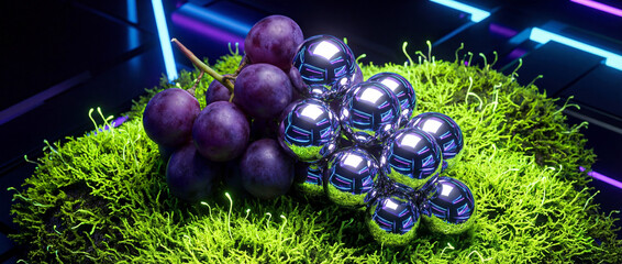 Chrome grapes on moss with neon lights