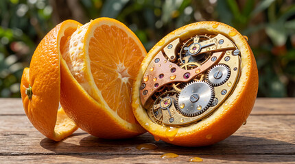Orange fruit revealing intricate clockwork mechanism inside