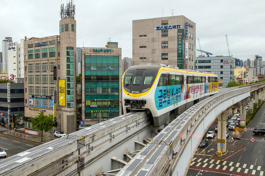 Monorail train arrives to Myeongdeok station. Daegu, South Korea