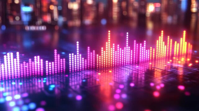 A glowing neon audio equalizer pulses with the beat on a reflective floor against a vibrant city skyline at night. The rhythm of urban energy. Ideal for music visuals, podcasts, or tech presentations