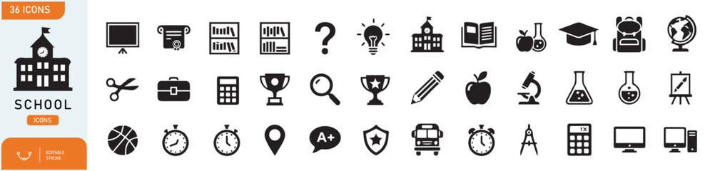 Complete Education Icon Set Featuring School, College, University, Books, Science, Learning Tools, Academic Symbols, Online Study, Classroom Objects and Knowledge Elements for Website, App and UI Desi