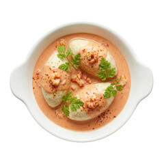 Gourmet seafood dumpling crayfish sauce creamy dish fine dining French cuisine herbs plate Three gourmet seafood dumpling